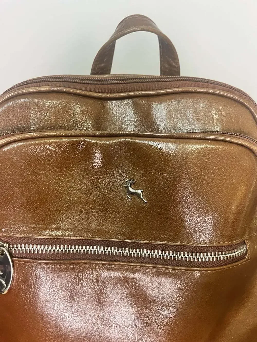 Ashwood Polished Brown Genuine Leather Backpack Cognac Stag Logo Pockets Travel